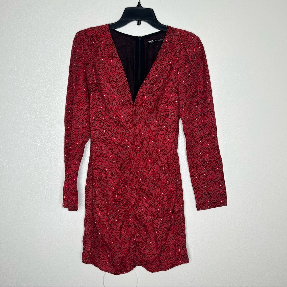 ZARA Womens Red Dotted V-Neck Rouched Front Mini Dress Long Sleeve Size XS EUC